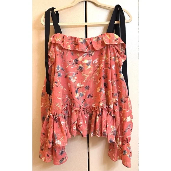 William Rast Pink Ruffle Cold Shoulder Top Fabiana Lobster Bisque Medium NWT. - Picture 2 of 7